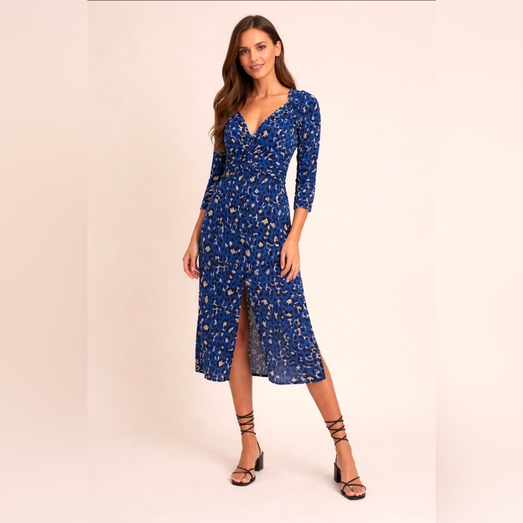 Anthropologie Rahi Blue Animal Print Twist Front Midi Dress 3/4 Sleeve